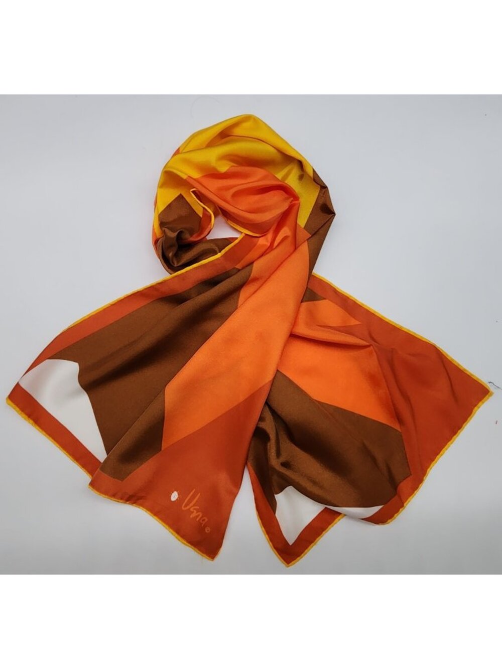 Vera Scarf Geometric Orange Brown Rolled Hem Rectangle Nylon VTG 14" Wide
